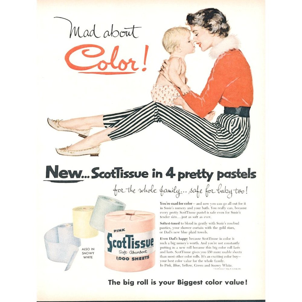 1956 ScotTissue Colored Pastel Toilet Paper Vintage Print Ad Mom Son Toddler 50s